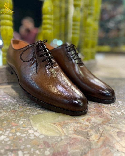 Mustard Hand Painted Leather Handmade Whole Cut/One-Piece Oxford Shoes