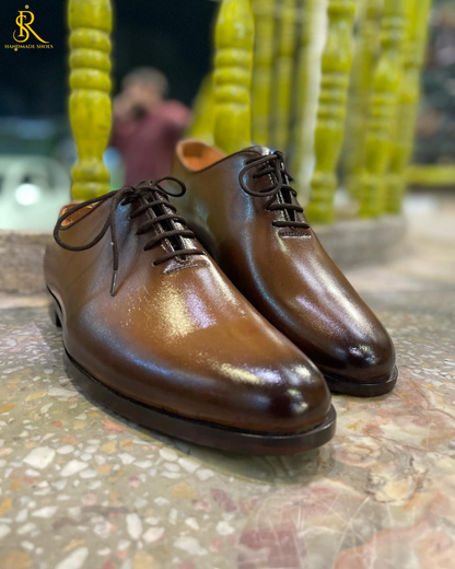 Mustard Hand Painted Leather Handmade Whole Cut/One-Piece Oxford Shoes