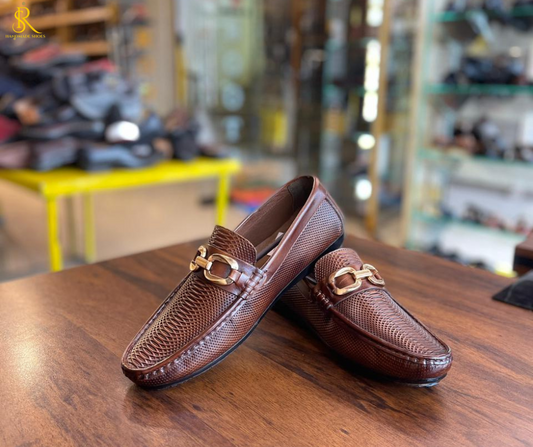 Brown Lining design Men Loafers Shoes in Leather With Buckle