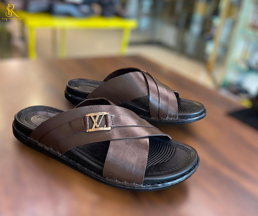 Brown Men's Cross Strap Chappal In Pure Leather .