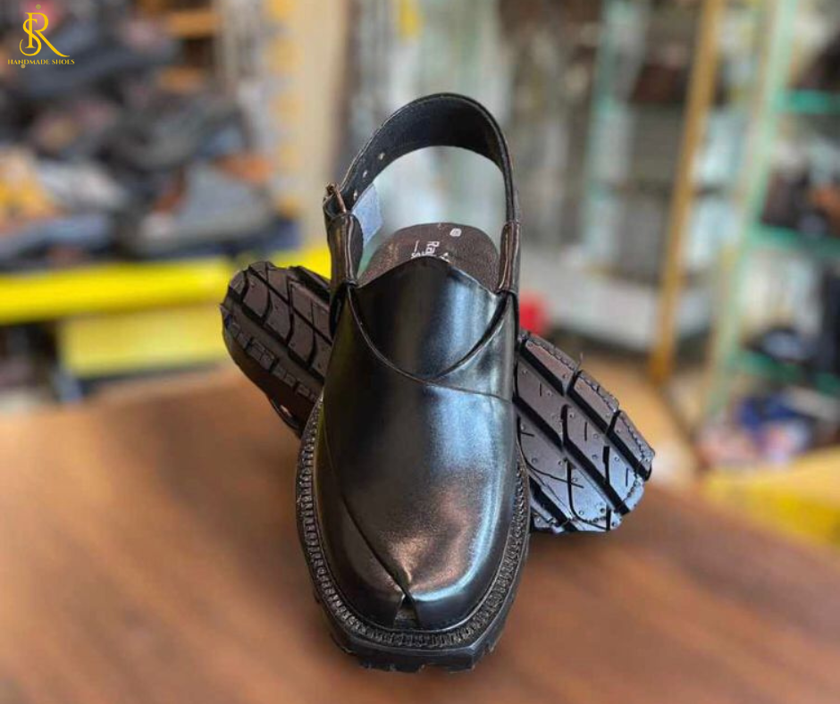 Black Pure Leather Handmade Plain Narozi Chappal in Tyre Sole