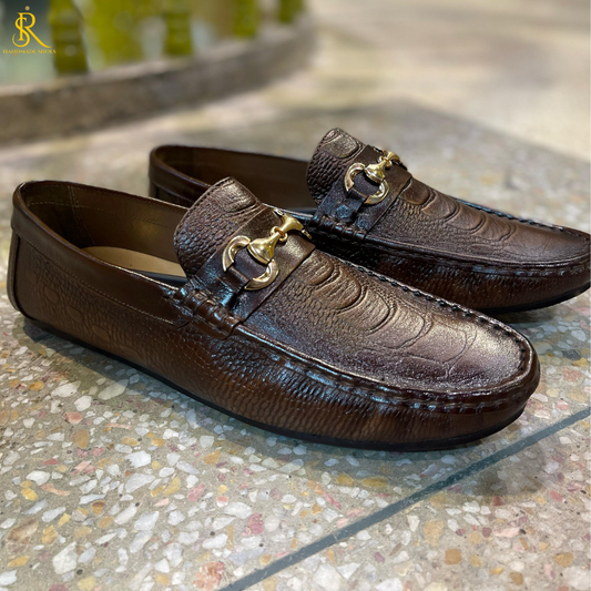 Brown Handmade Loafers in Crocodile Texture leather