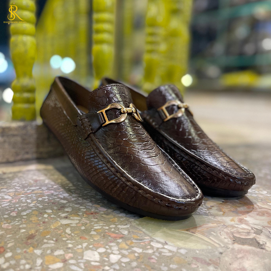 Brown Handmade Loafers in Crocodile&Snake Texture leather