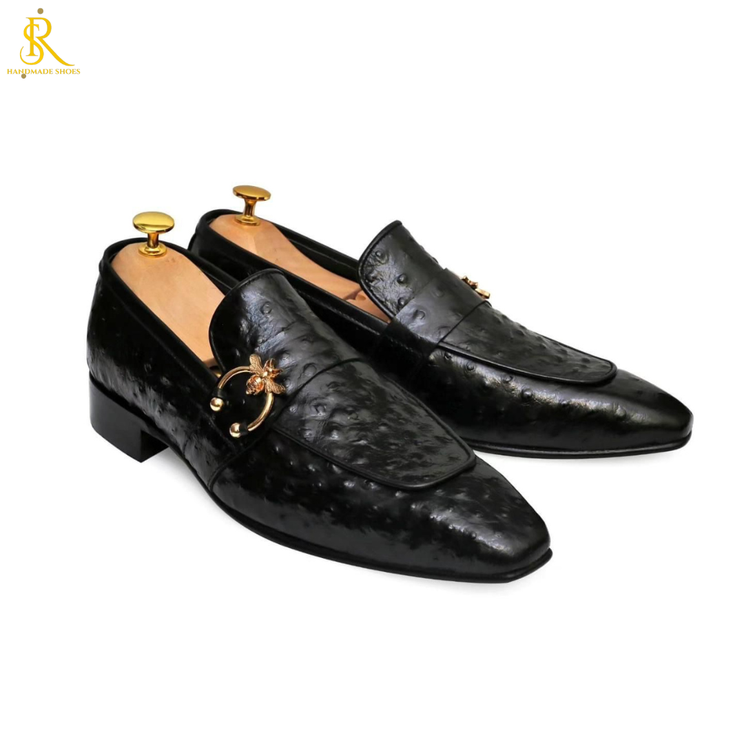 Black Ostrich Leather Formal Shoes in Leather Sole